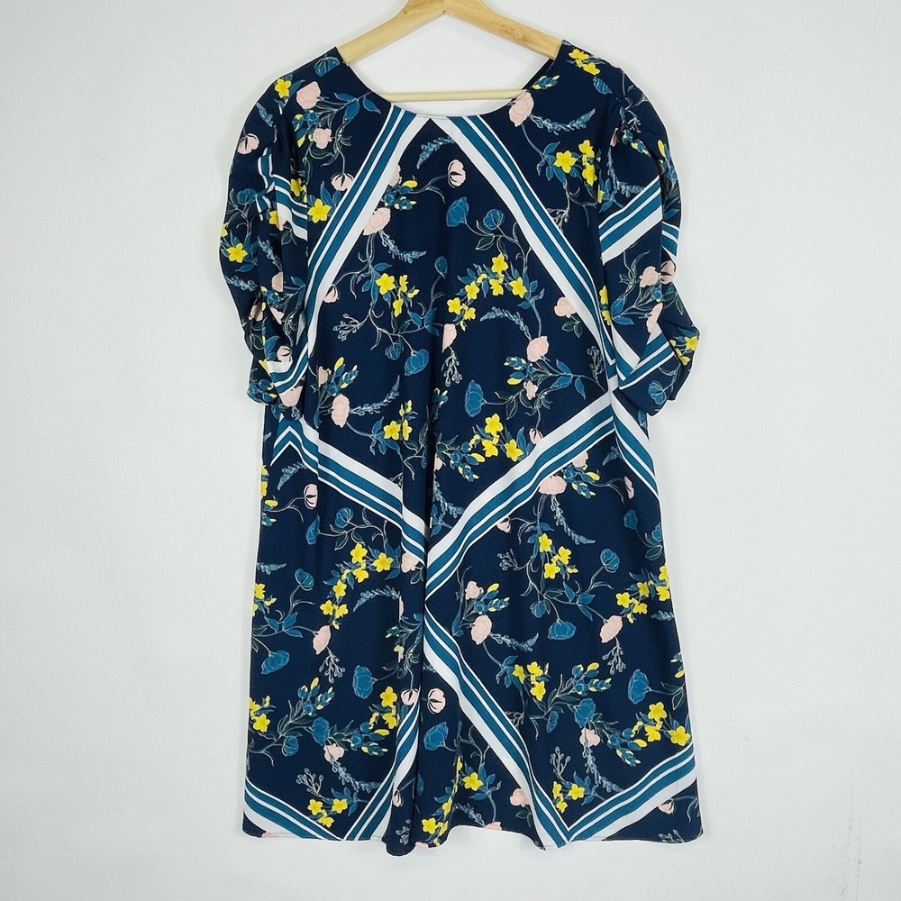 Halogen Floral Striped Shift Dress Womens Large‎ Navy Blue Ruched Boho Mod